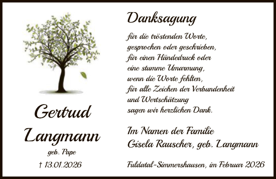 Traueranzeige von Gertrud Langmann von HNA