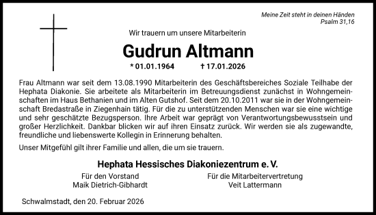 Traueranzeige von Gudrun Altmann von HNA