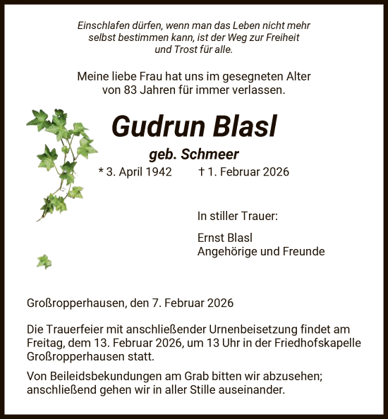 Traueranzeige von Gudrun Blasl von HNA