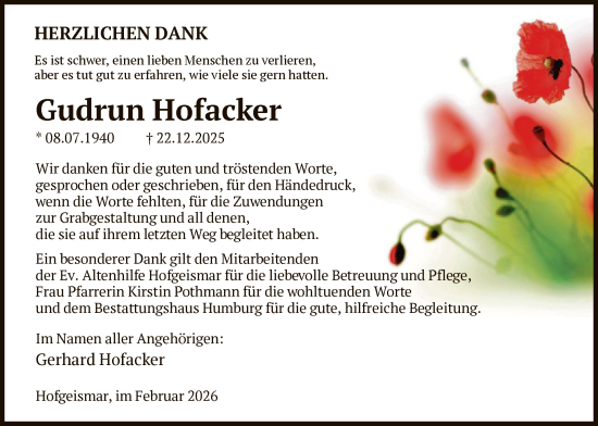 Traueranzeige von Gudrun Hofacker von HNHNA