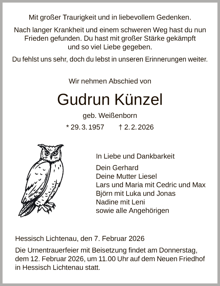  Traueranzeige für Gudrun Künzel vom 07.02.2026 aus HNA