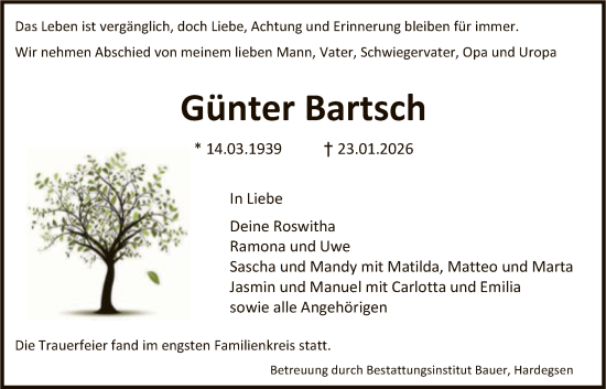 Traueranzeige von Günter Bartsch von HNA