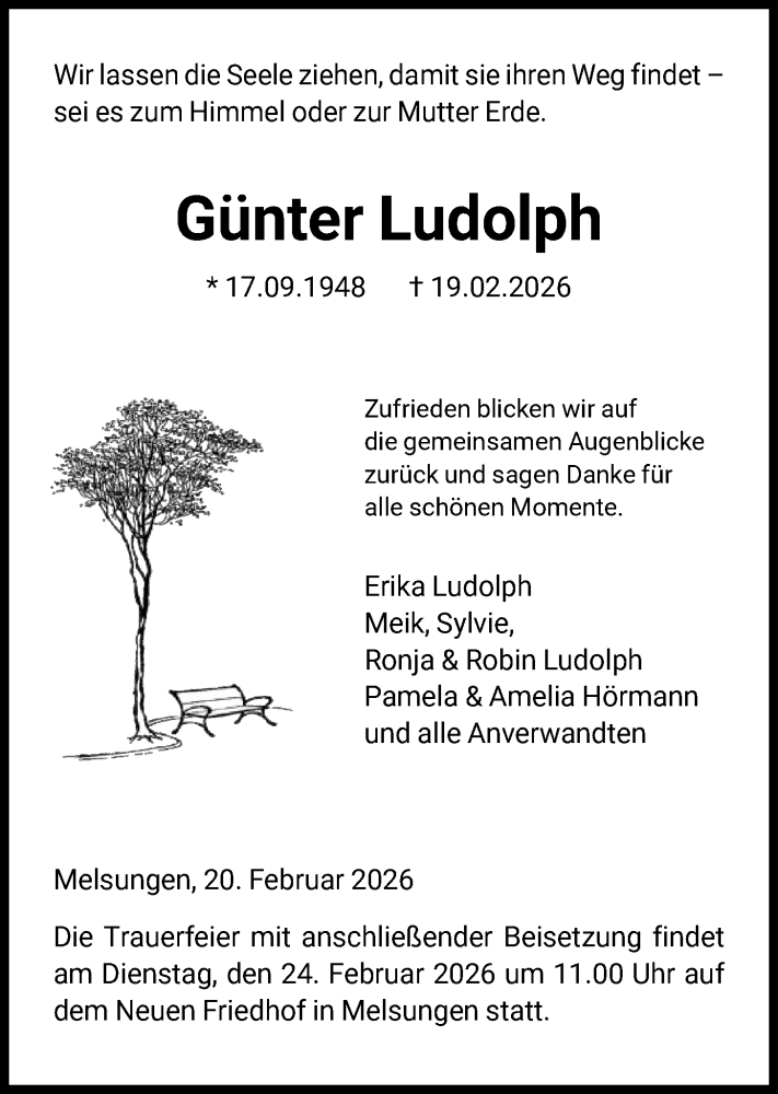  Traueranzeige für Günter Ludolph vom 21.02.2026 aus HNA