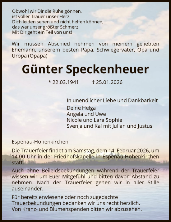 Traueranzeige von Günter Speckenheuer von HNA