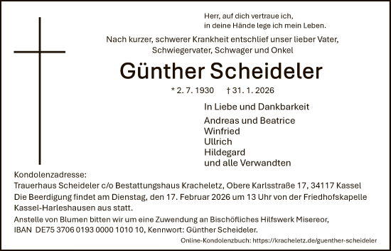 Traueranzeige von Günther Scheidel von HNA