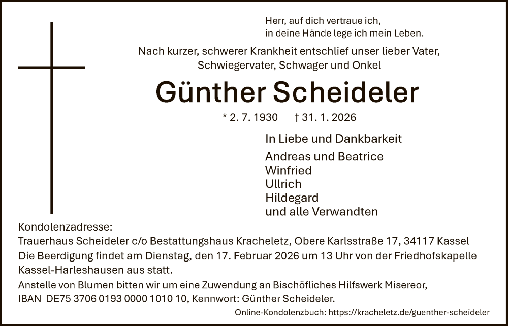 Traueranzeige für Günther Scheidel vom 07.02.2026 aus HNA