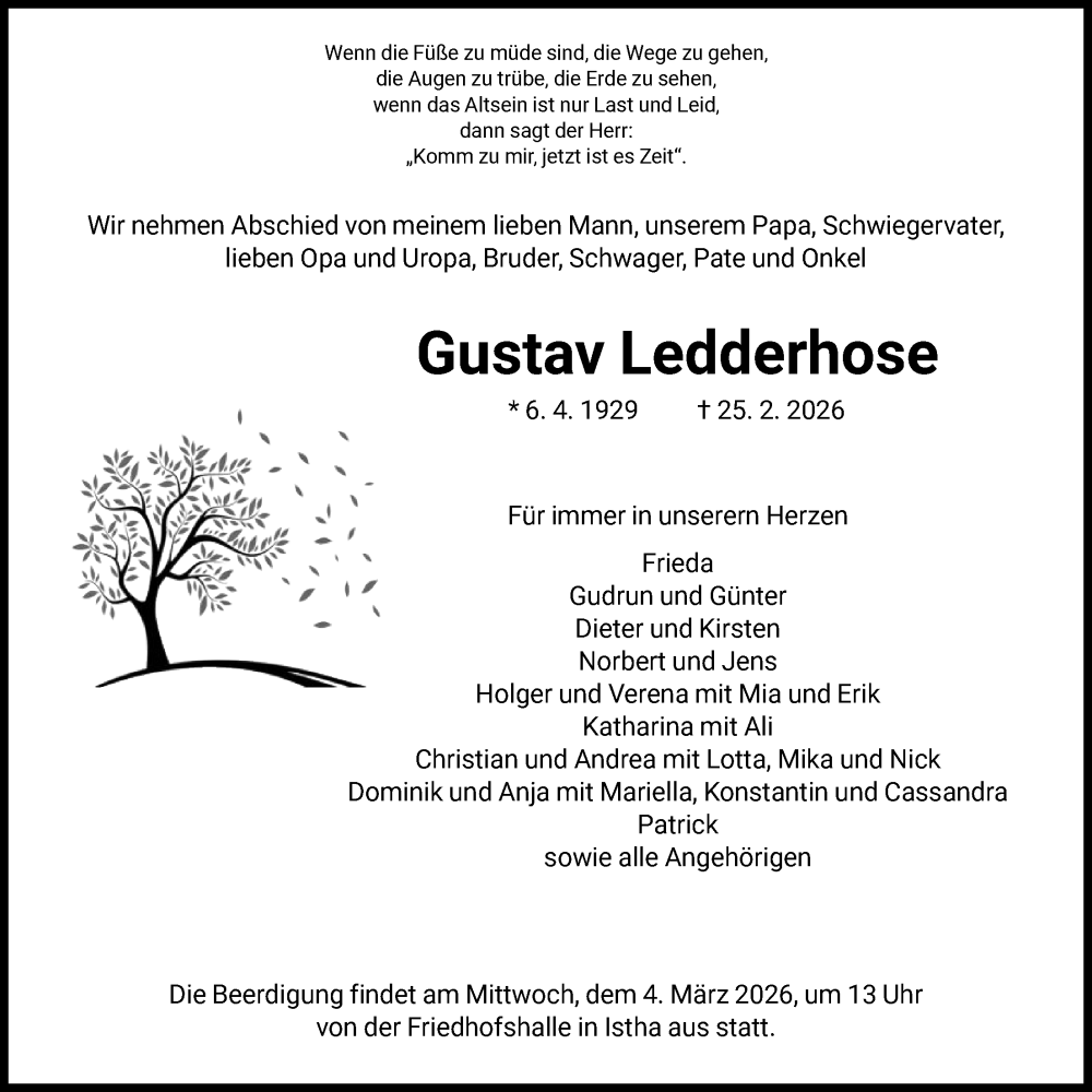  Traueranzeige für Gustav Ledderhose vom 28.02.2026 aus HNA