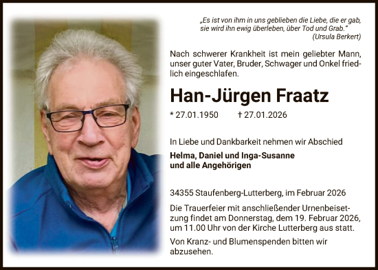 Traueranzeige von Han-Jürgen Fraatz von HNA