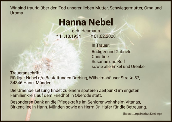 Traueranzeige von Hanna Nebel von HNA