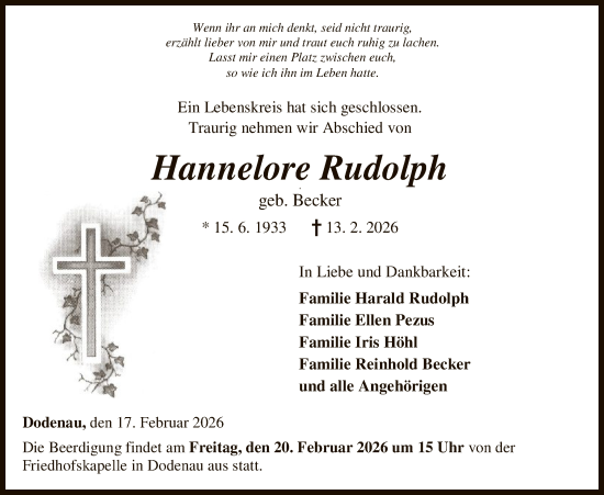 Traueranzeige von Hannelore Rudolph von HNA