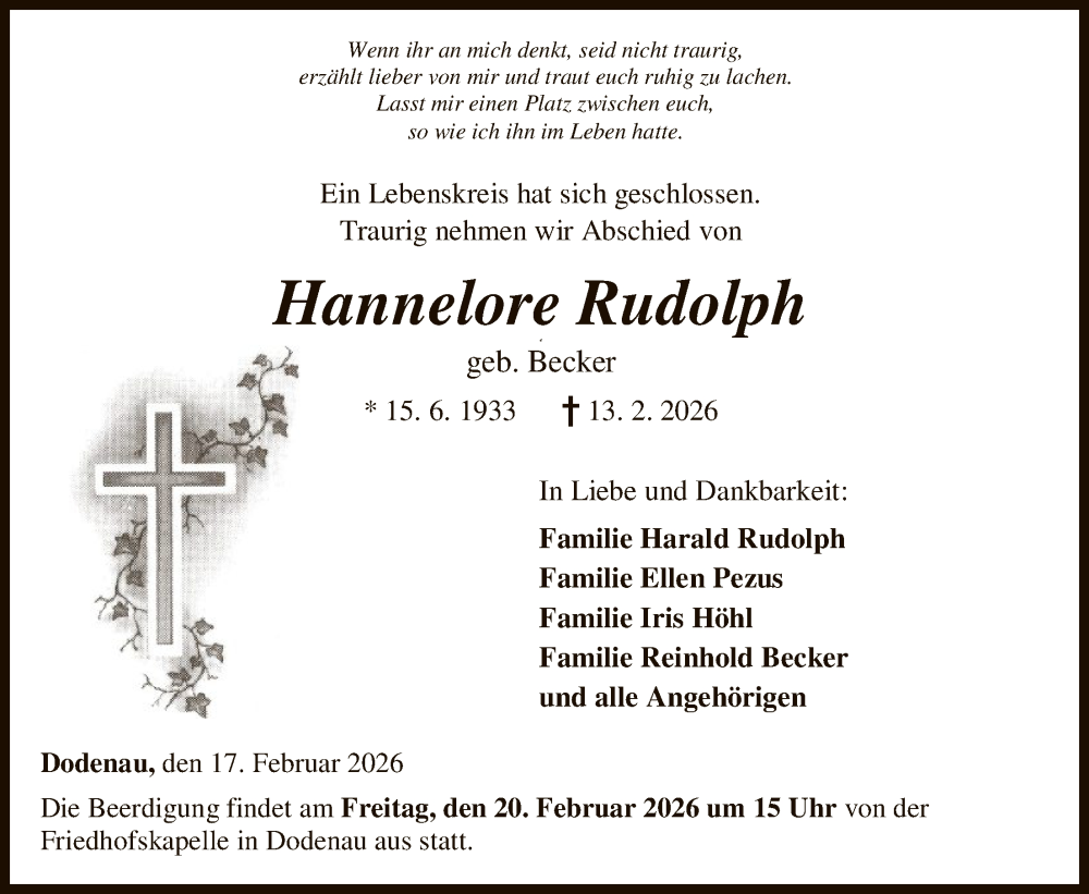  Traueranzeige für Hannelore Rudolph vom 17.02.2026 aus HNA
