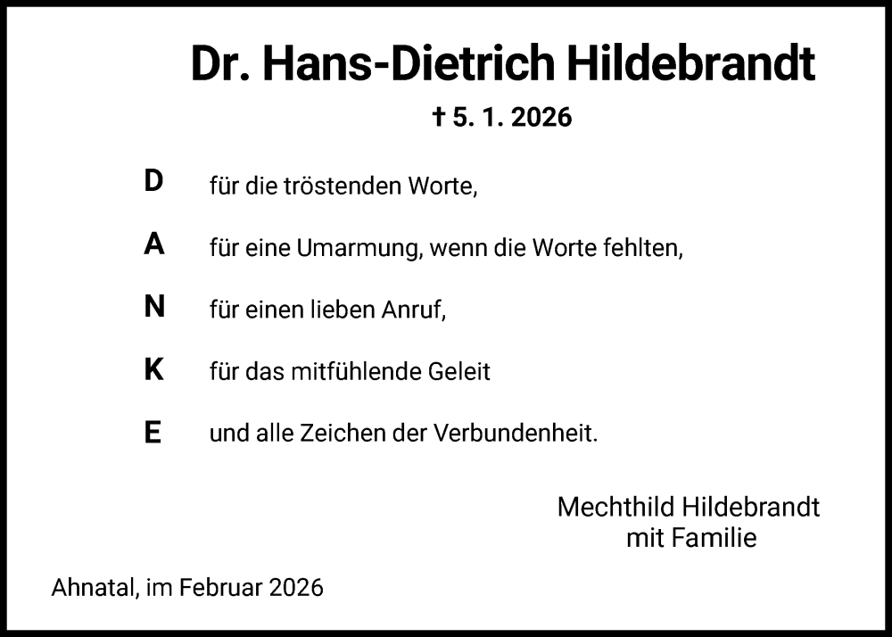  Traueranzeige für Hans-Dietrich Hildebrandt vom 07.02.2026 aus HNA