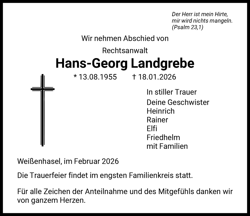  Traueranzeige für Hans-Georg Landgrebe vom 04.02.2026 aus HNAWRS