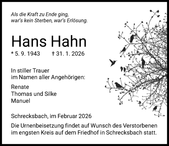 Traueranzeige von Hans Hahn von HNA