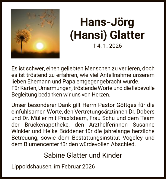 Traueranzeige von Hans-Jörg Glatter von HNA