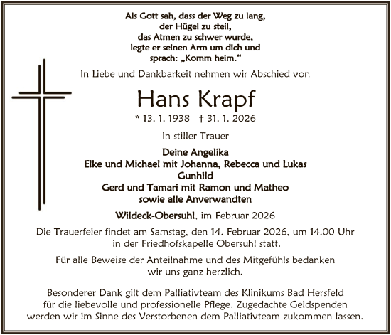 Traueranzeige von Hans Krapf von HNAHN