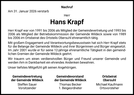 Traueranzeige von Hans Krapf von HNA