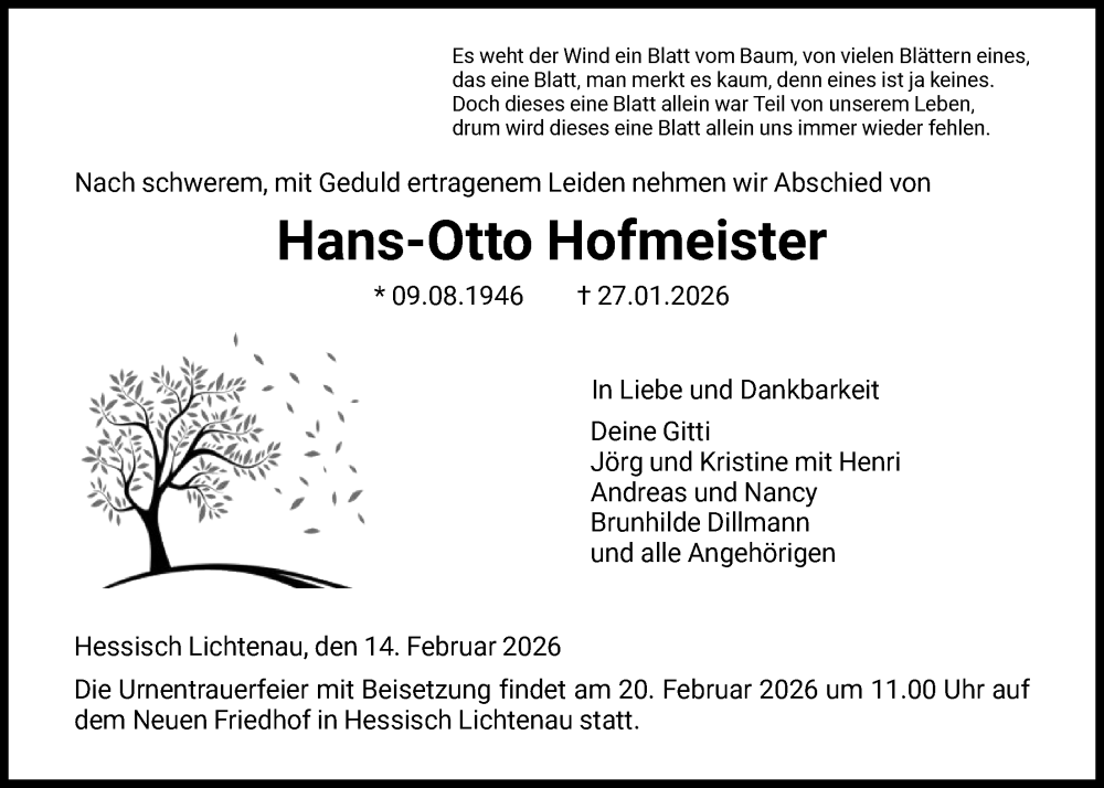  Traueranzeige für Hans-Otto Hofmeister vom 14.02.2026 aus HNA