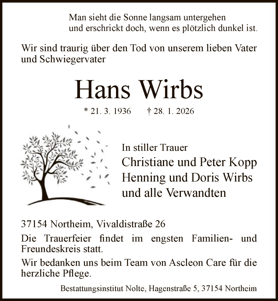  Traueranzeige für Hans Wirbs vom 07.02.2026 aus HNA