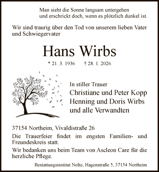 Traueranzeige von Hans Wirbs von HNA