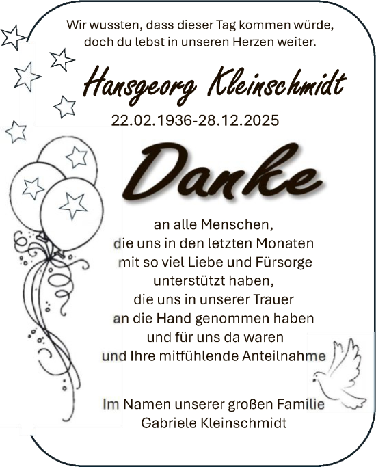 Traueranzeige von Hansgeorg Kleinschmidt von HNA