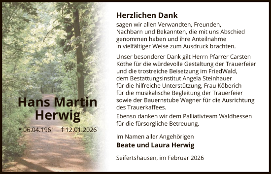 Traueranzeige von Hans Martin Herwig von HNA