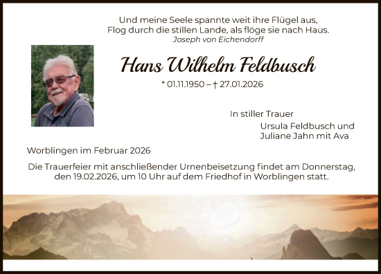 Traueranzeige von Hans Wilhelm Feldbusch von HNA