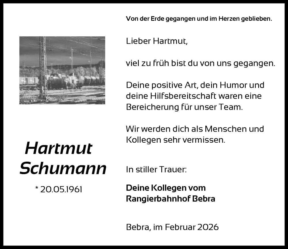  Traueranzeige für Hartmut Schumann vom 09.02.2026 aus HNA