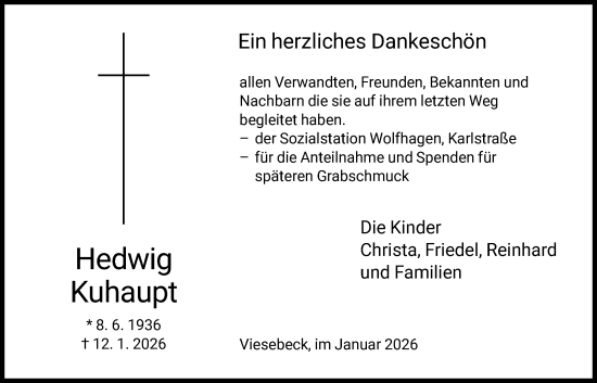 Traueranzeige von Hedwig Kuhaupt von HNA