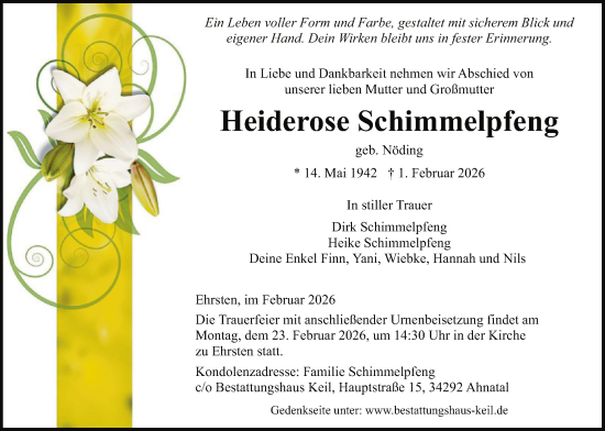 Traueranzeige von Heiderose Schimmelpfeng von HNA