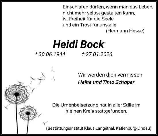 Traueranzeige von Heidi Bock von HNA