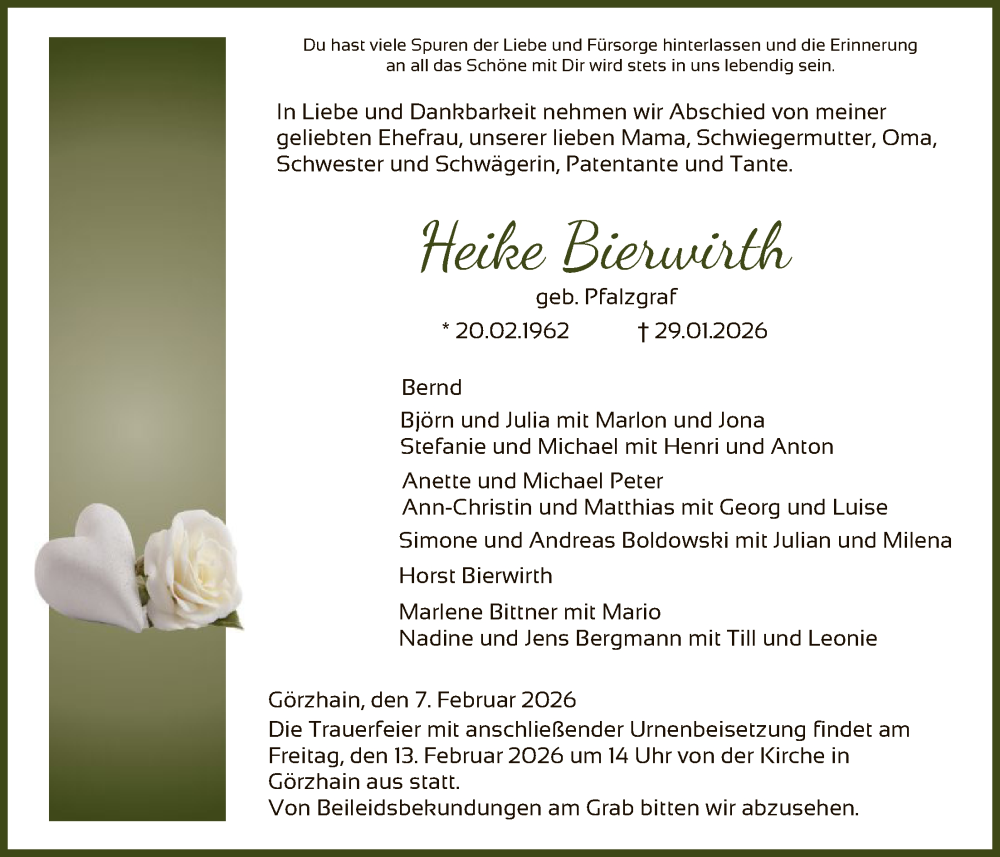  Traueranzeige für Heike Bierwirth vom 07.02.2026 aus HNA