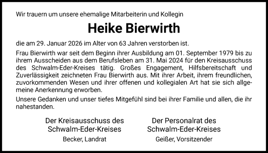 Traueranzeige von Heike Bierwirth von HNA