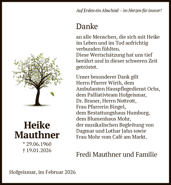 Traueranzeige von Heike Mauthner von HNA