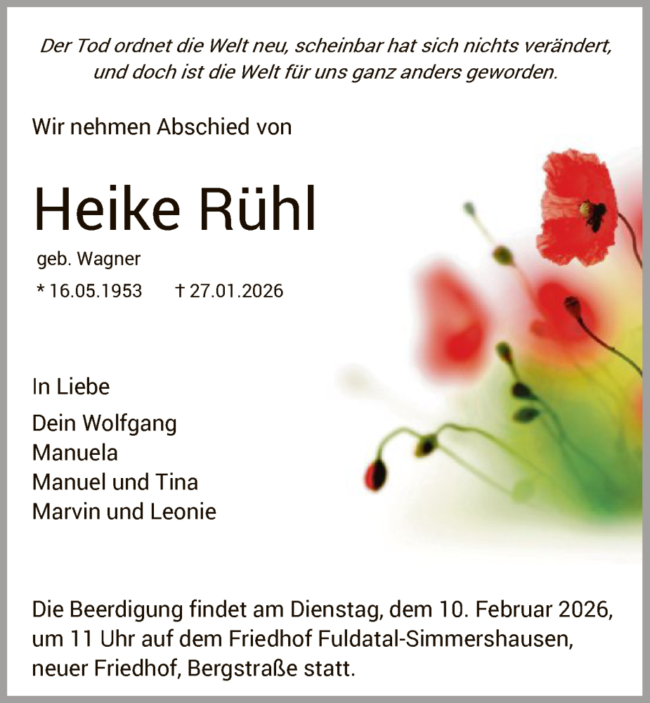  Traueranzeige für Heike Rühl vom 07.02.2026 aus HNA