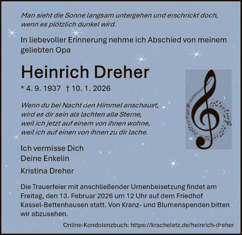  Traueranzeige für Heinrich Dreher vom 07.02.2026 aus HNA