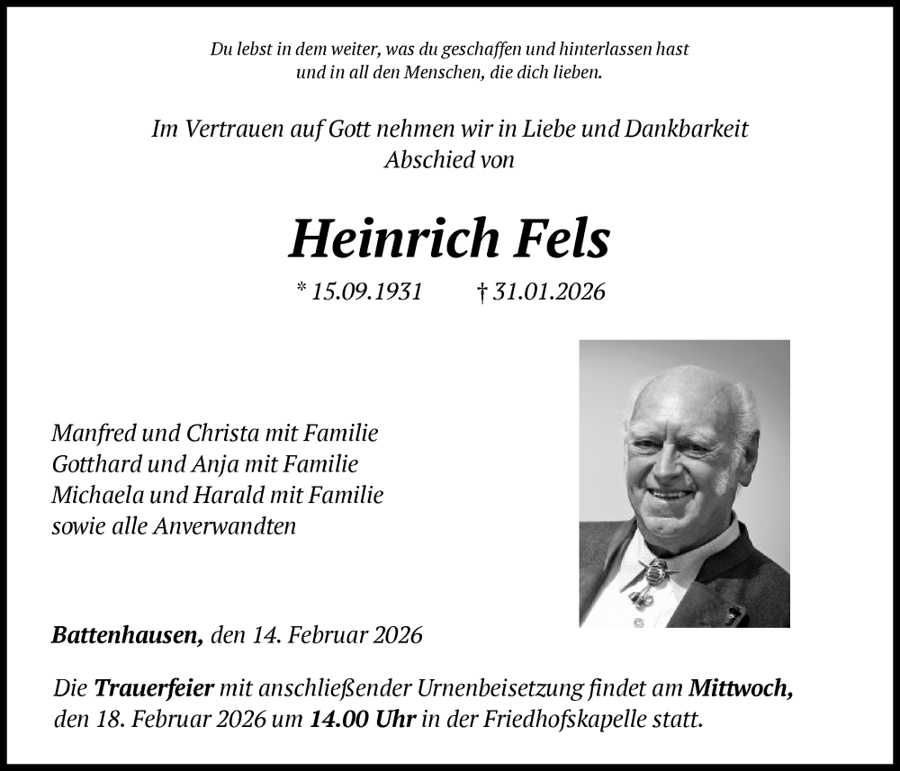  Traueranzeige für Heinrich Fels vom 14.02.2026 aus HNAWLZ