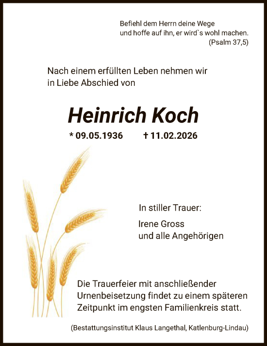 Traueranzeige von Heinrich Koch von HNA