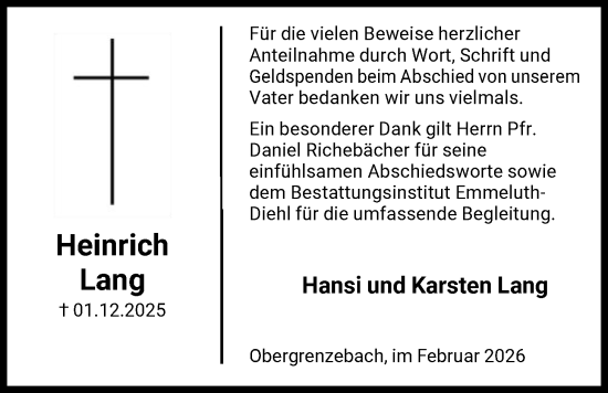 Traueranzeige von Heinrich Lang von HNA