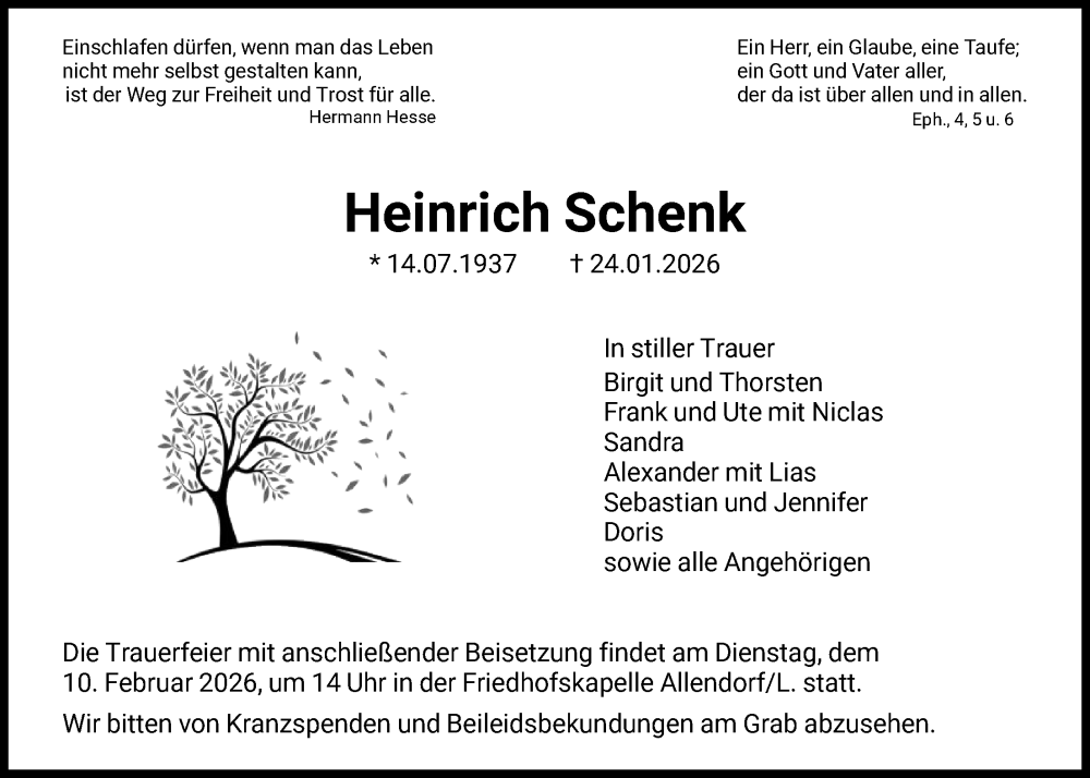  Traueranzeige für Heinrich Schenk vom 07.02.2026 aus HNA