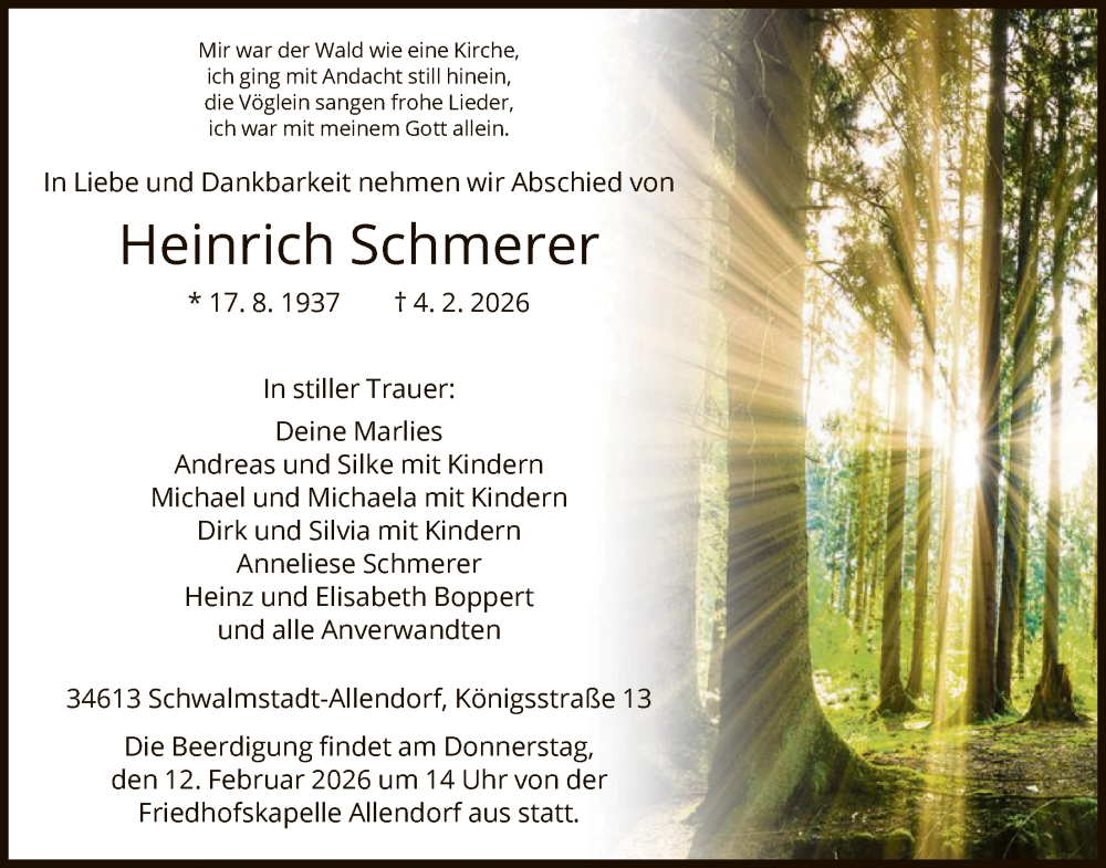 Traueranzeige für Heinrich Schmerer vom 07.02.2026 aus HNA