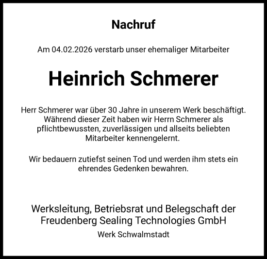 Traueranzeige von Heinrich Schmerer von HNA