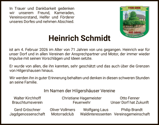 Traueranzeige von Heinrich Schmidt von HNA