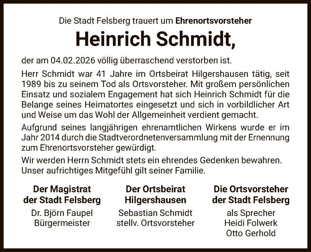  Traueranzeige für Heinrich Schmidt vom 14.02.2026 aus HNA