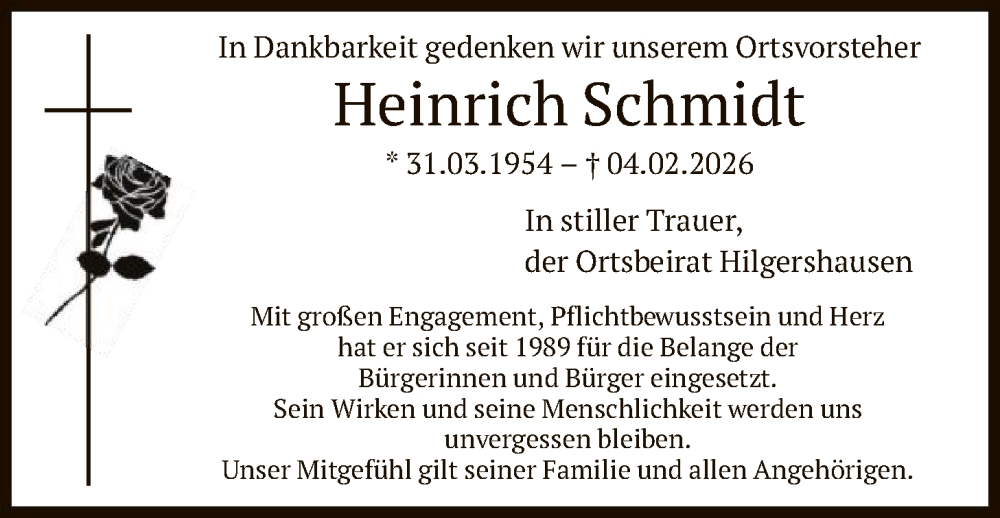  Traueranzeige für Heinrich Schmidt vom 14.02.2026 aus HNA