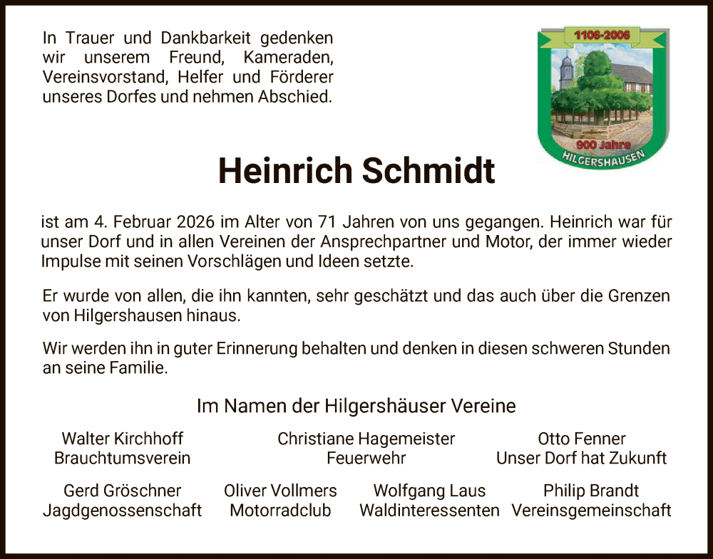  Traueranzeige für Heinrich Schmidt vom 14.02.2026 aus HNA