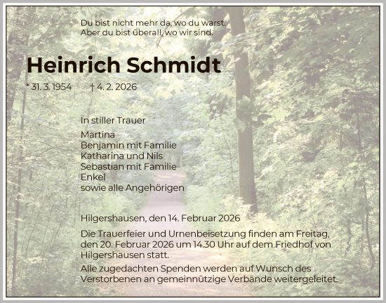 Traueranzeige von Heinrich Schmidt von HNA