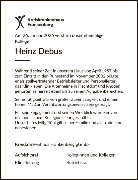 Traueranzeige von Heinz Debus von HNA