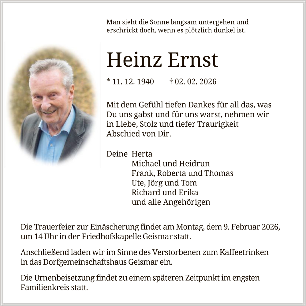 Traueranzeige für Heinz Ernst vom 05.02.2026 aus HNA
