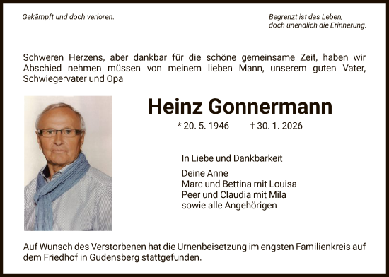 Traueranzeige von Heinz Gonnermann von HNA